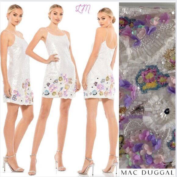 Mac Duggal 93628 Sequined Mixed Media Floral Embellished Mini Dress Size 6 White